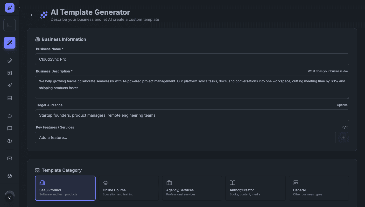 AI Template Generator with business description, target audience, and category selection filled in